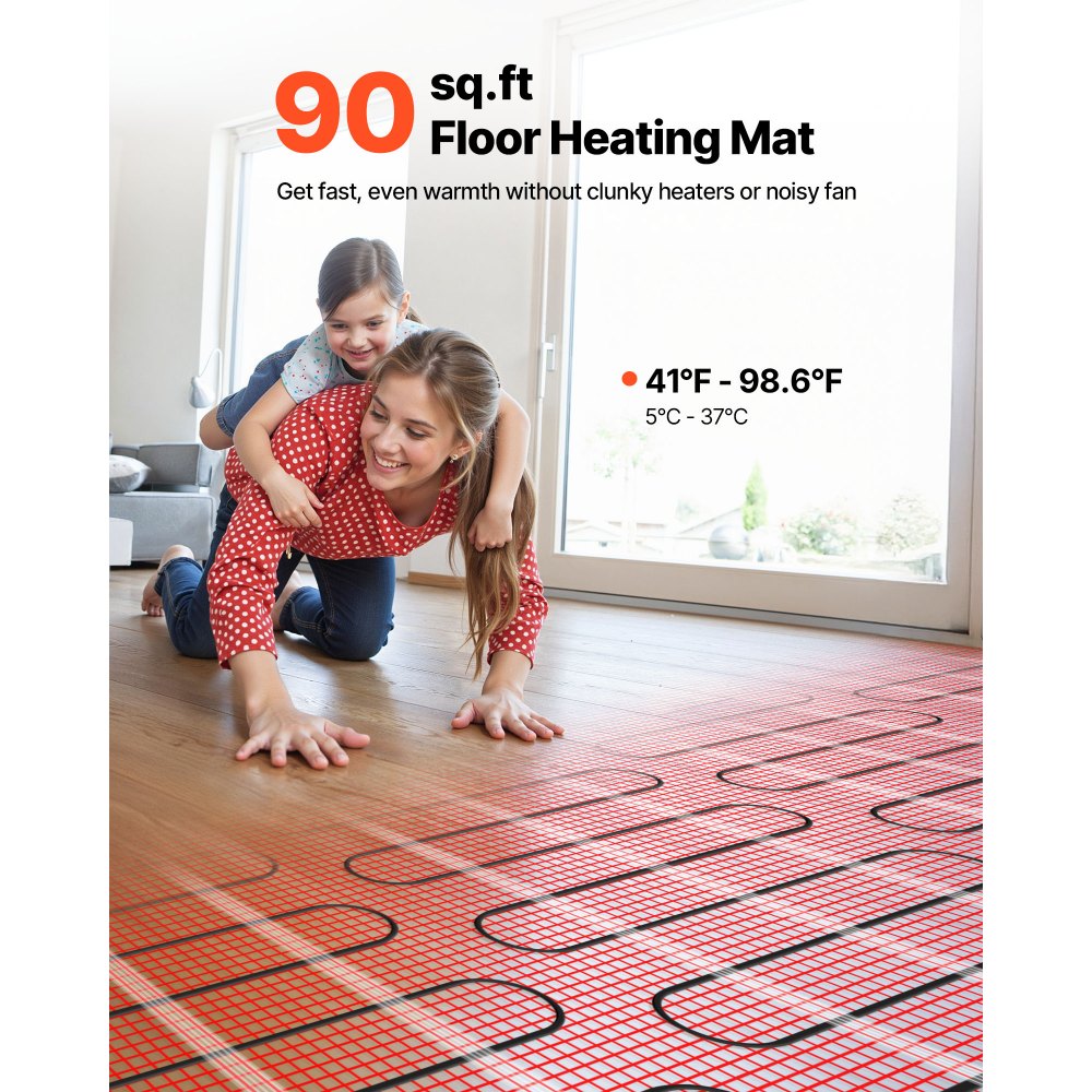 VEVOR 90 sqft Self-Adhesive Mesh Floor Heating Mat System, 120V Electric Radiant Heated Floor System, with Smart
