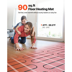 VEVOR 90 sqft Self-Adhesive Mesh Floor Heating Mat System, 120V Electric Radiant Heated Floor System, with Smart