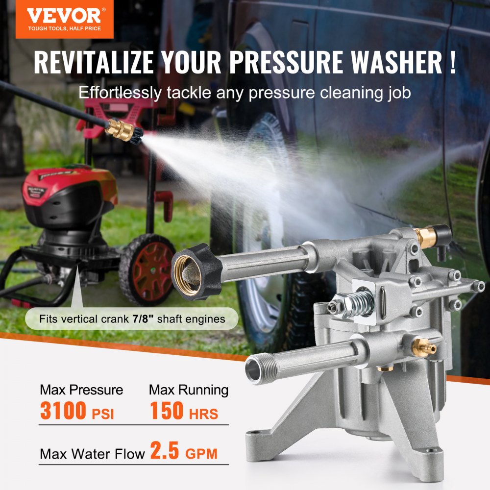 VEVOR Pressure Washer Pump, 7/8" Shaft Vertical, 3100 PSI, 2.5GPM, Replacement Power Washer Pumps Kit with 5 Nozzles