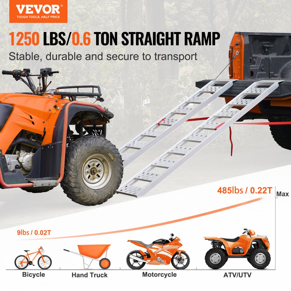 VEVOR Aluminum Ramps, 1250lbs, Straight Ramp with Treads and Load Straps, Portable Loading Ramp for Motorcycles, ATVs